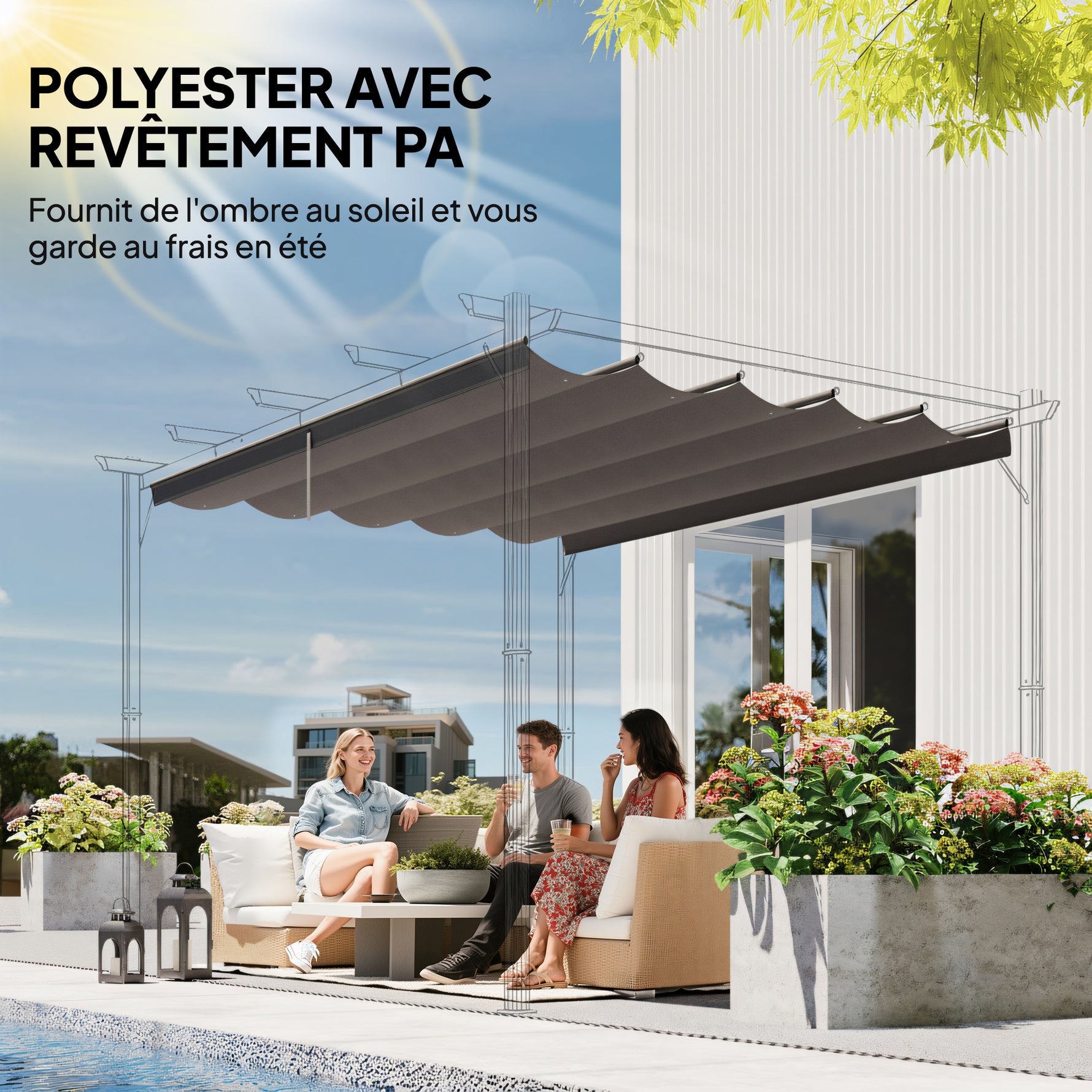 Toile de toit pour pergola tonnelle rétractable de 4 x 3 m - toile uniquement 350 x 260 cm gris clair