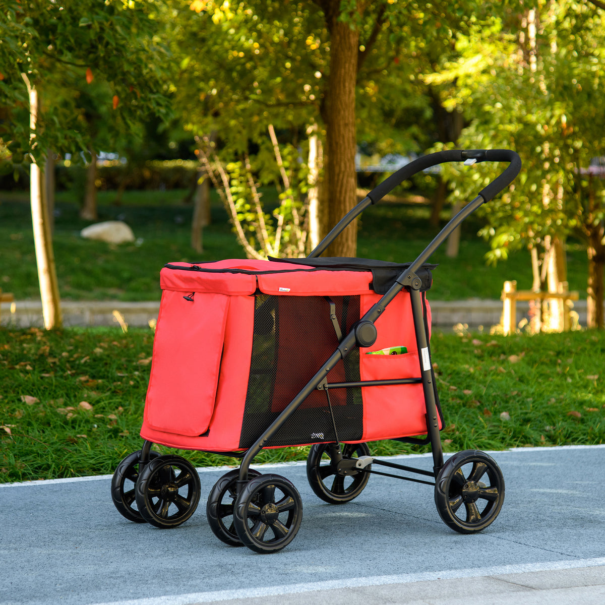 Opvouwbare honden- en kattenbuggy inclusief kussen, wielen met rem, 600D Oxford-stof, 102 x 62 x 105 cm, rood