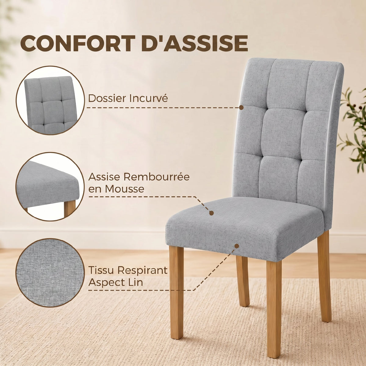 Lote de 2 sillas de comedor, silla de cocina moderna con asiento acolchado de tela efecto lino, gris claro