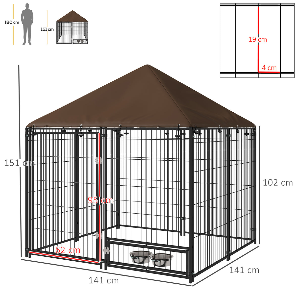 Chenil extérieur pour Chiens en métal et Tissu Oxford Support gamelle et Toit résistant aux intempéries Espace spacieux