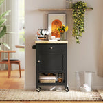 Carrello da cucina con ruote, carrello di servizio, piano di lavoro in legno di gomma, cassetto, 63,5 x 40 x 90 cm, nero