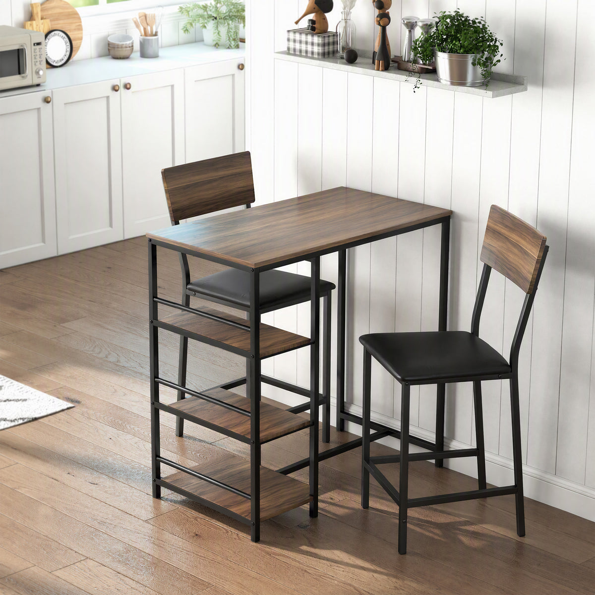 Conjunto de mesa de bar con 2 taburetes, mesa alta de cocina y 2 sillas de bar acolchadas de PU, nogal