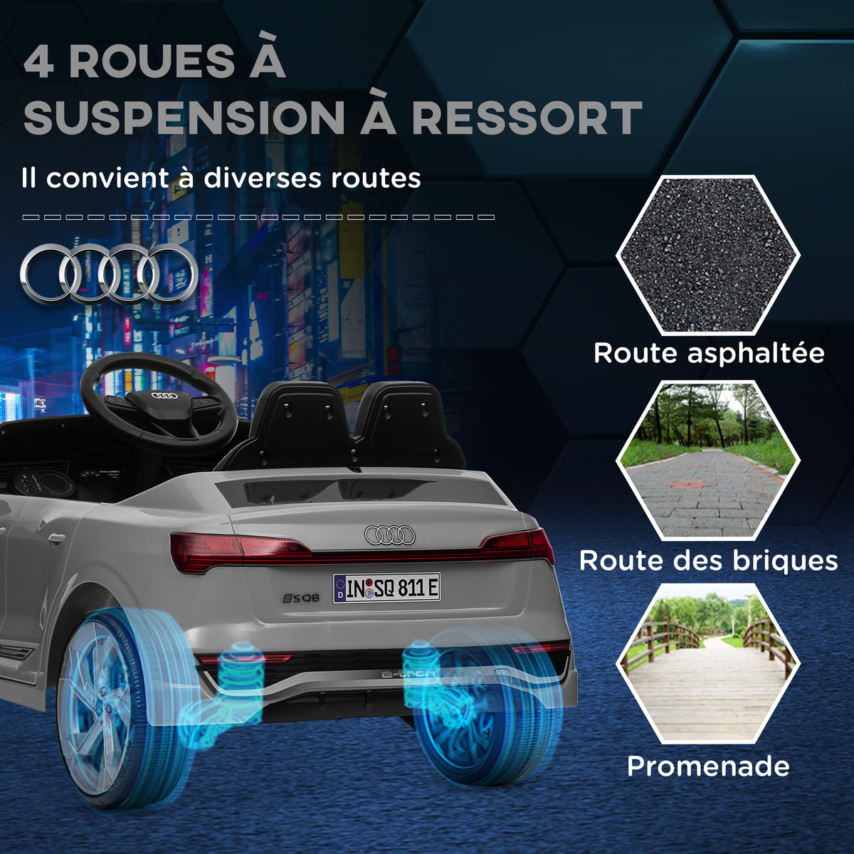 Voiture électrique pour enfants Licence Audi Q8 e-tron Sportback 12V télécommande, phares, musique, klaxon, 3-4 ans Gris
