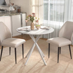Ronde eettafel voor 2 personen met blad in houtlook en gekruist stalen onderstel, wit