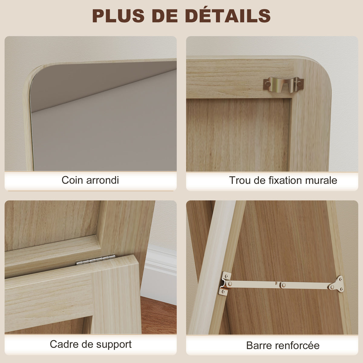 Espejo de pie y de pared rectangular dim. 37L x 43a x 156Al cm madera natural