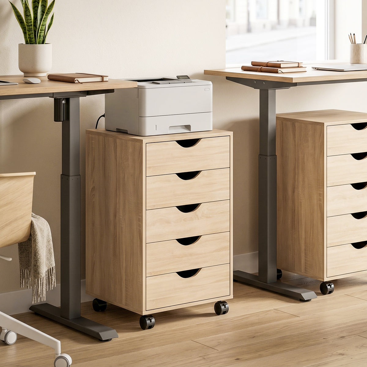 Caisson bureau mobile, meuble rangement sur roulettes avec 5 tiroirs, bois, 40 x 40 x 67 cm, chêne
