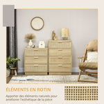 Commode design bohème en rotin avec 3 tiroirs, meuble de rangement pour le salon, le couloir, l'entrée, bois naturel