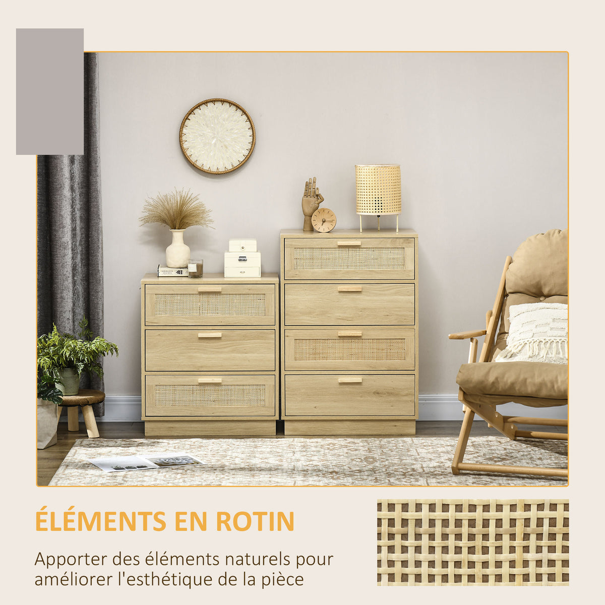 Commode design bohème en rotin avec 3 tiroirs, meuble de rangement pour le salon, le couloir, l'entrée, bois naturel