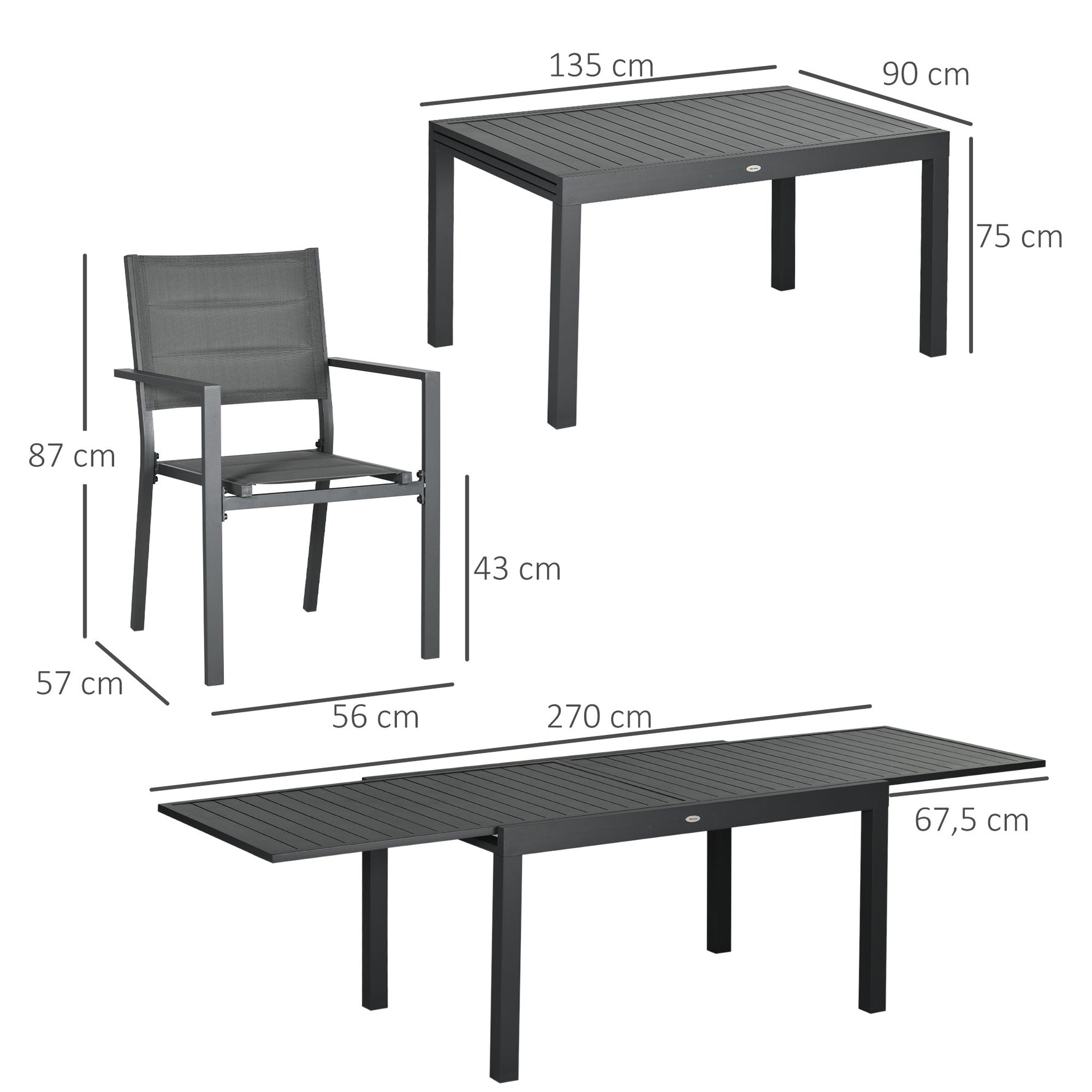 Salon de jardin table extensible 135-270 cm en aluminium et textilène 6/10 personnes 8 chaises empilables gris