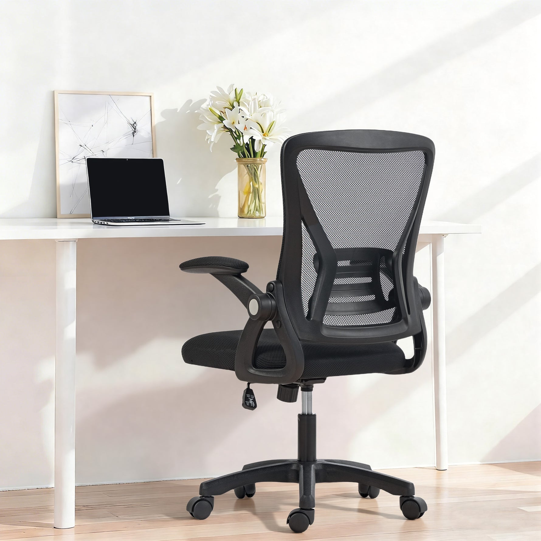 Chaise bureau ergonomique, fauteuil de bureau en maille, accoudoirs relevables, hauteur réglable, 59,5x56x103cm, noir