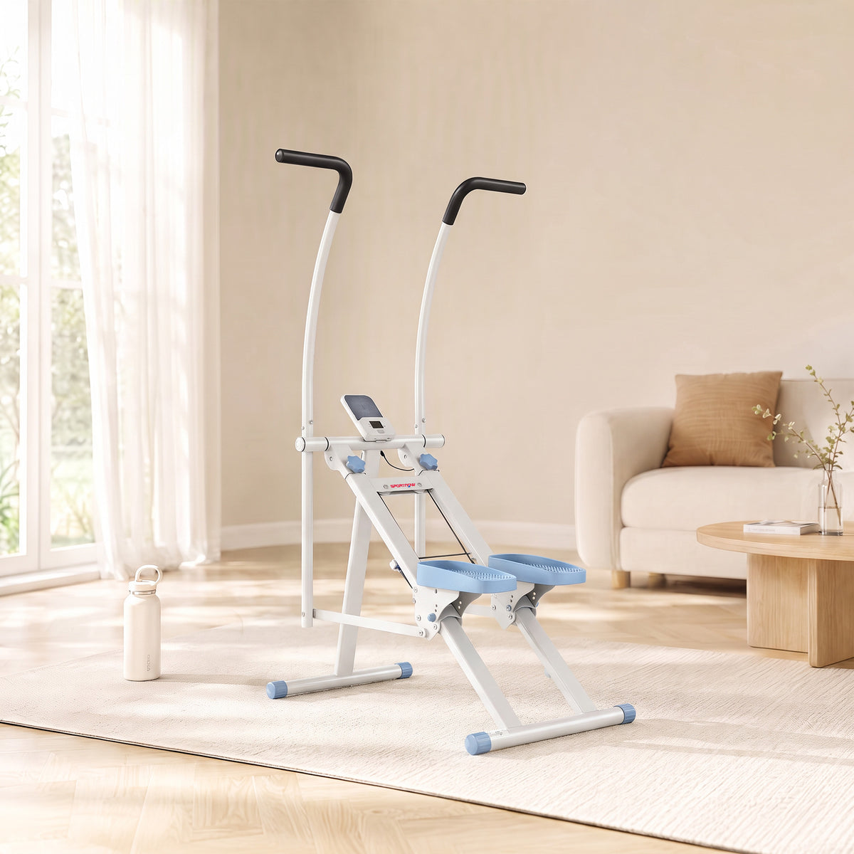 Stepper d'Escalier Pliable, Hauteur Réglable, Écran LCD, Pédales Réglables, Charge 100 kg, 85 x 80 x 142 cm, Blanc