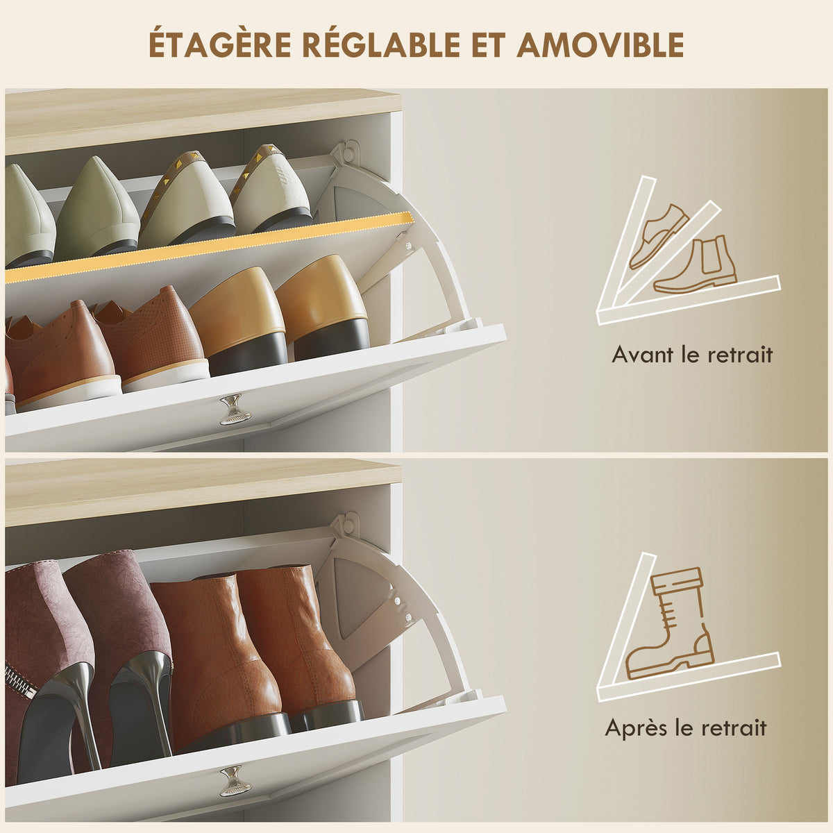 Meuble à chaussures 24 paires, armoire à chaussures avec 4 tiroirs rabattables, étagères réglables, 60x23,5x153cm, blanc