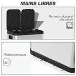 Poubelle de cuisine à double compartiment 2 x 30L avec pédale en acier inoxydable, couvercle à fermeture douce, argent