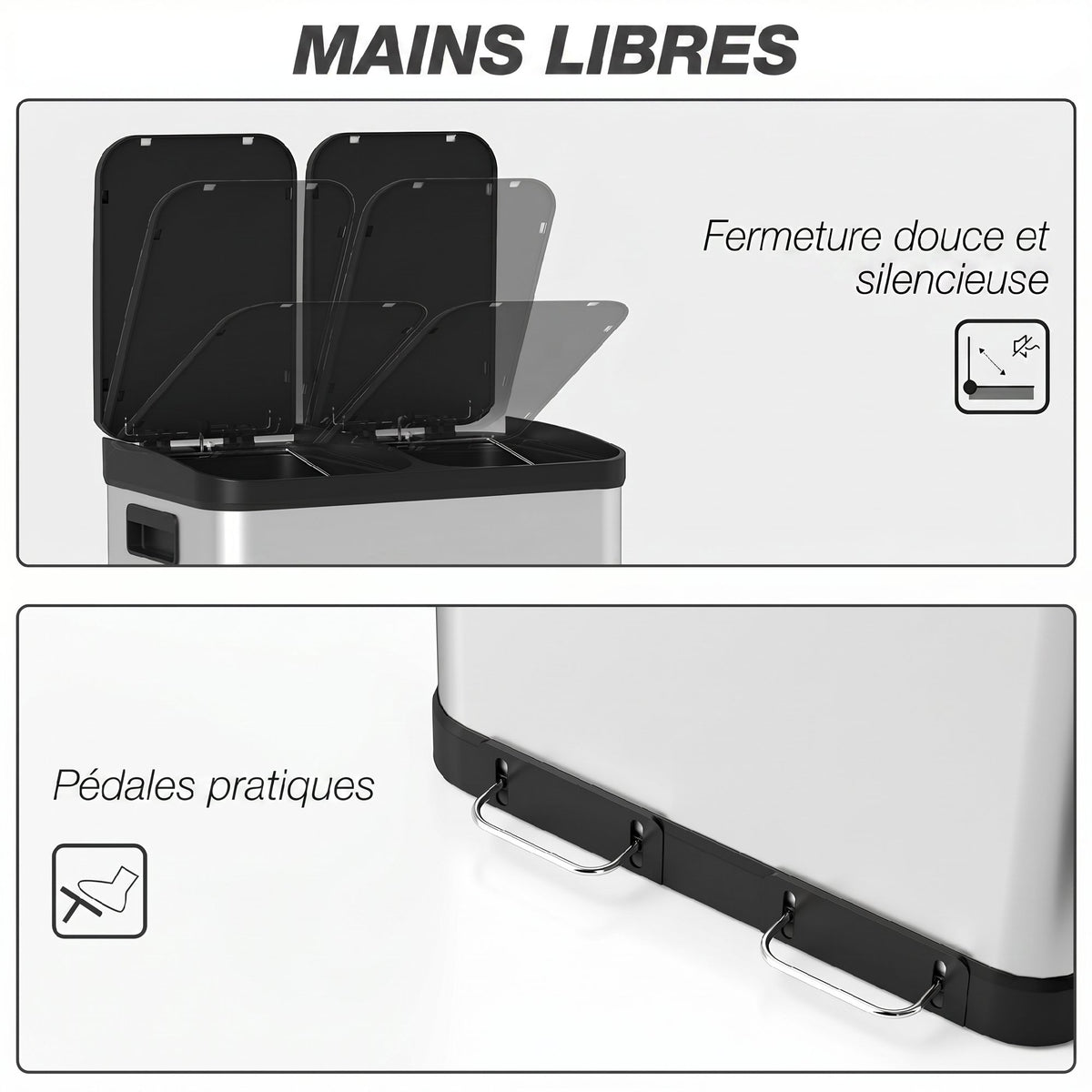 Poubelle de cuisine à double compartiment 2 x 30L avec pédale en acier inoxydable, couvercle à fermeture douce, argent