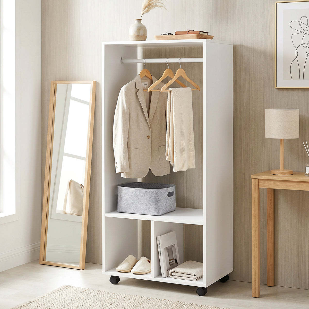 Armoire penderie étagère 2 niches 4 roulettes pivotantes dim. 60L x 40l x 128H cm Blanc