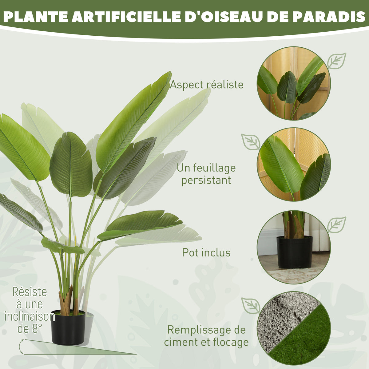 Plante artificielle intérieure 109 cm, arbre artificiel avec pot en plastique et terreau floqué, vert