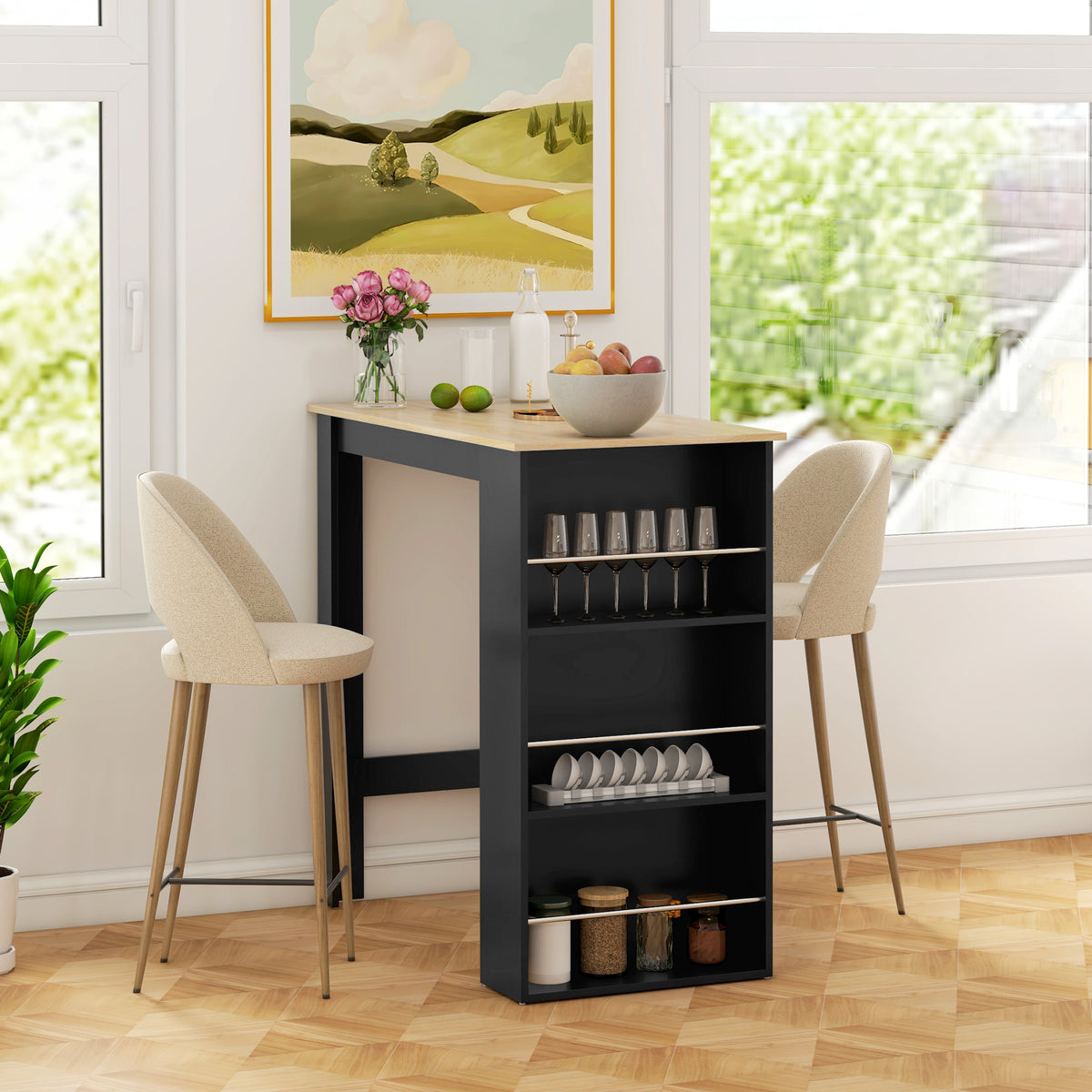 Mesa de bar, mesa alta de cocina, mesa alta, mostrador - dim. 112L x 57an x 106al cm - 3 estantes - negro