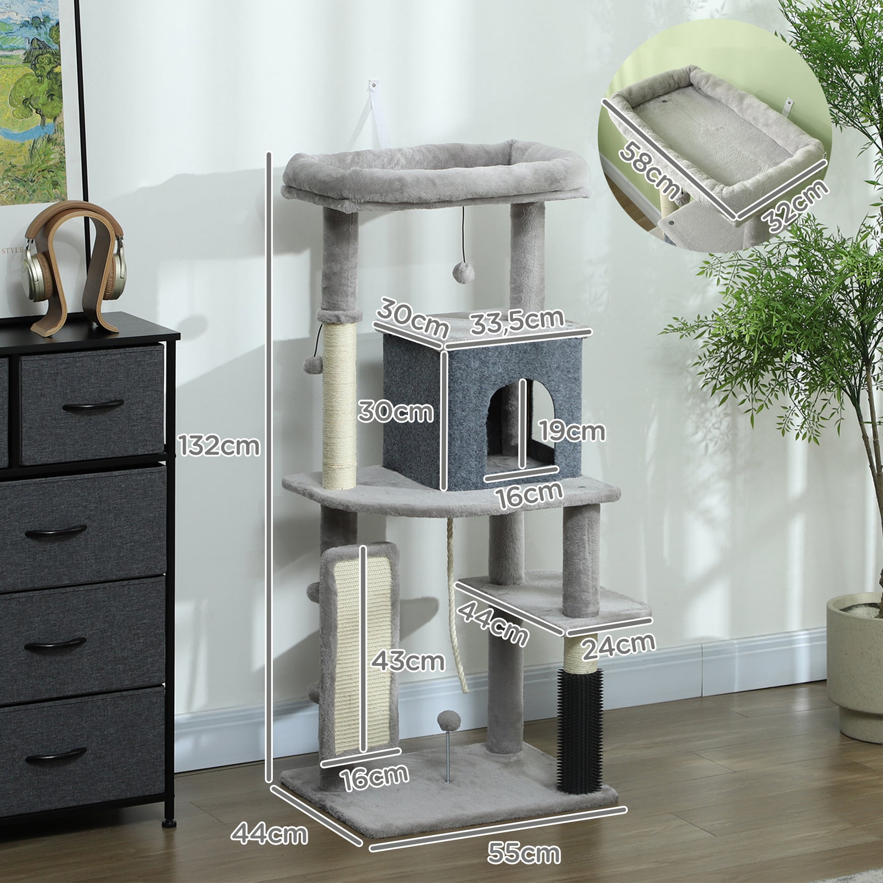 Arbre à Chat Tour de Jeux pour Chats Centre d'Activités avec Poteaux à Griffer en Sisal Niche Hauteur 132 cm Gris