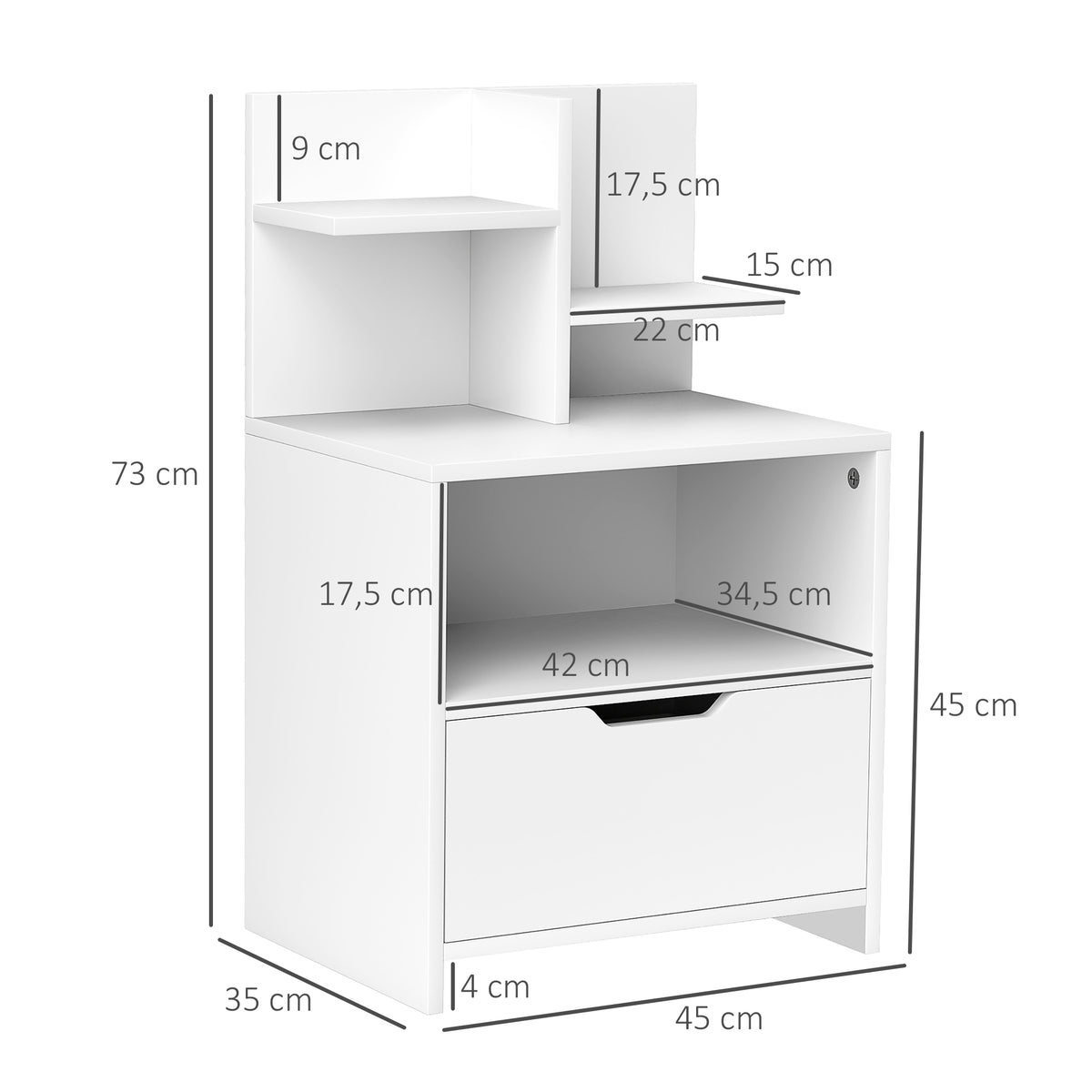 Comodino con cassetto, nicchia e ripiani portaoggetti effetto legno 45 x 35 x 73 cm bianco