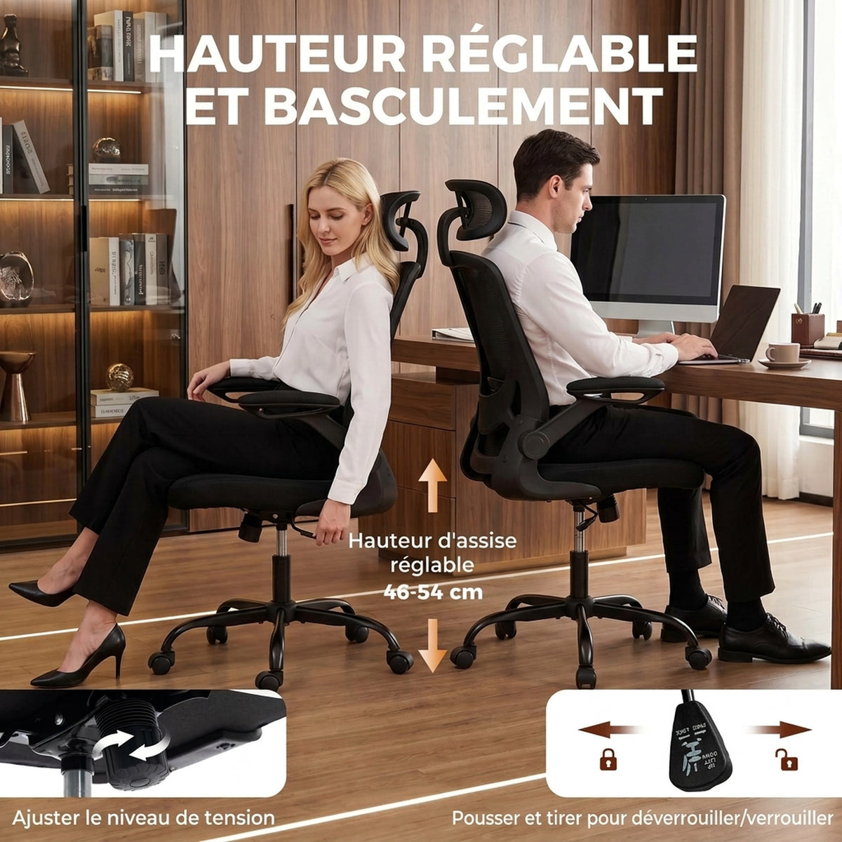 Sedia da ufficio ergonomica, poltrona da ufficio in rete con supporto lombare e poggiatesta regolabili, 64x65x129cm, nero