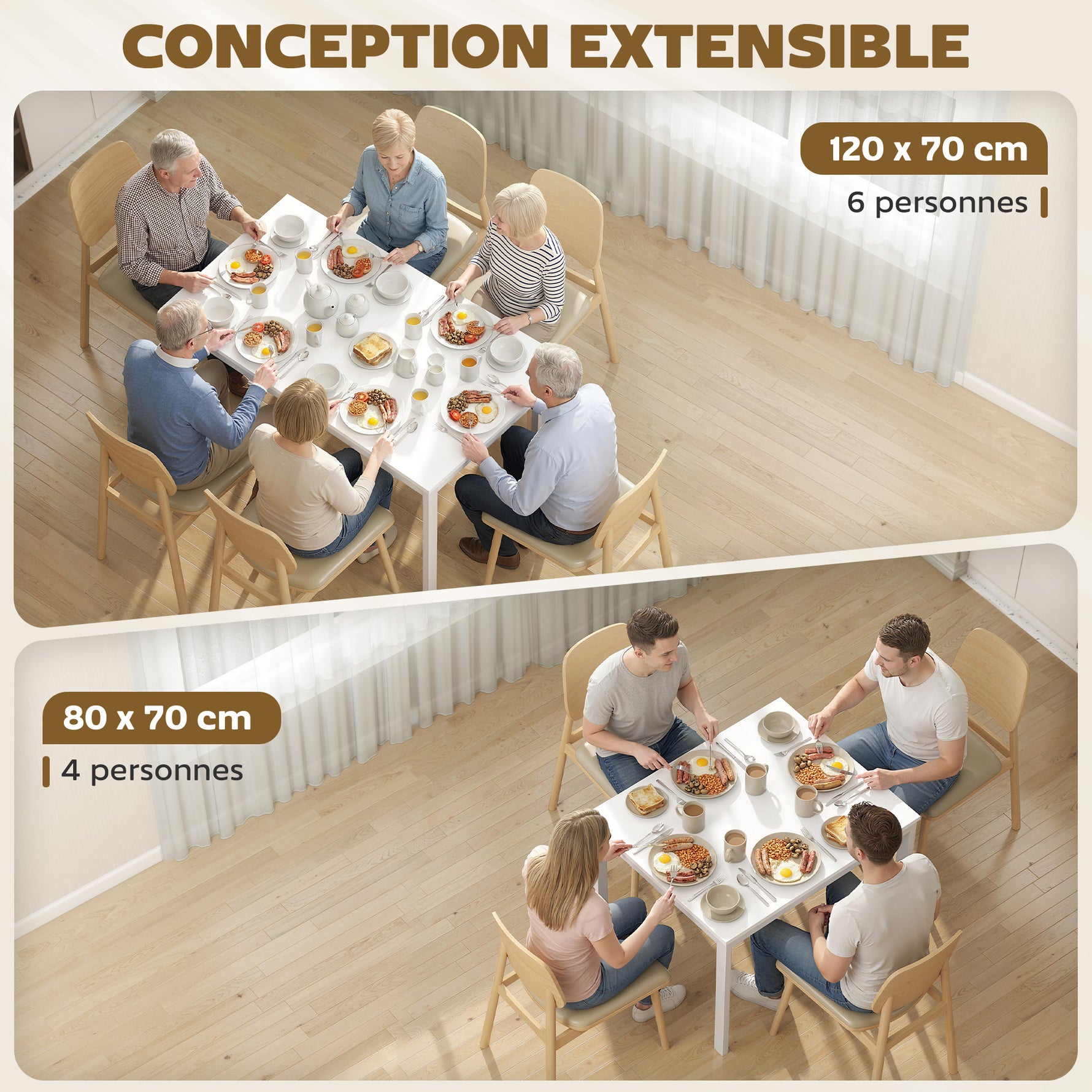 Table à manger extensible 80-120 cm pour 4 à 6 personnes, table de cuisine avec extension coulissante, blanc