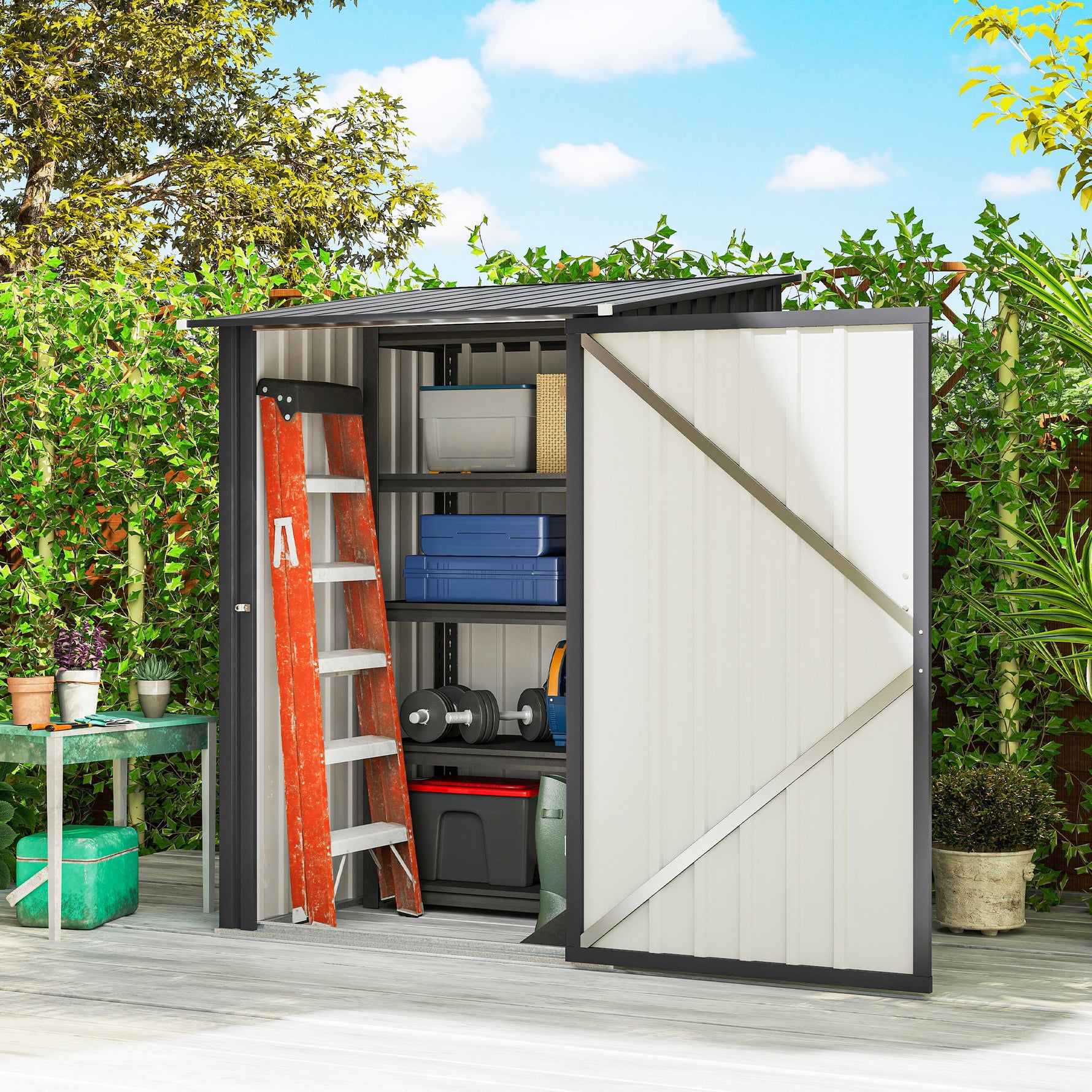 Abri de Jardin en Acier galvanisé 1m², avec Tôle Ondulée, Toit Incliné et Porte Verrouillable, 100x104x160cm, Gris Foncé