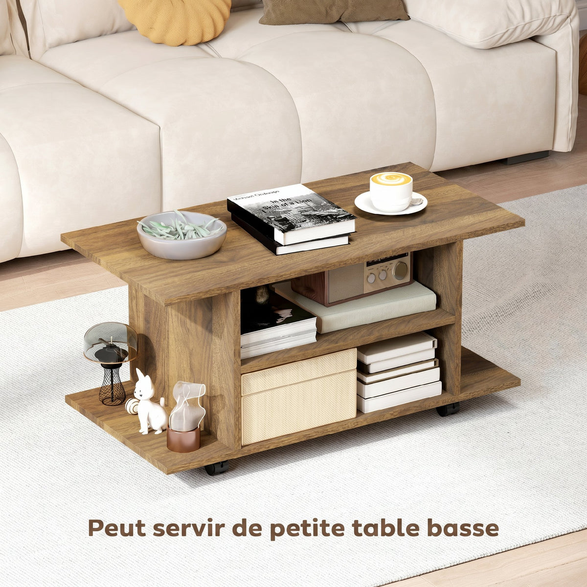 Meuble TV avec roulettes 80 cm, meuble télé pour téléviseur jusqu'à 42 pouces avec étagères ouvertes, noyer