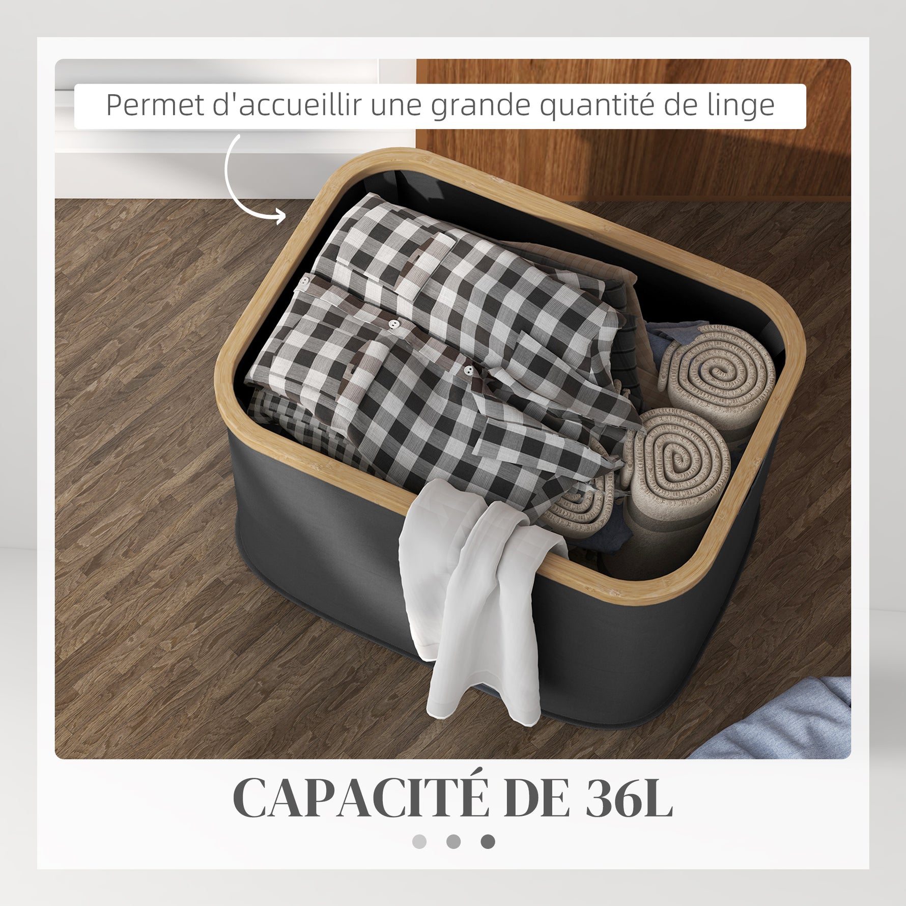Panier à linge pliable 36 L corbeille linge sale avec poignées rainurées pour salle de bain chambre à coucher buanderie