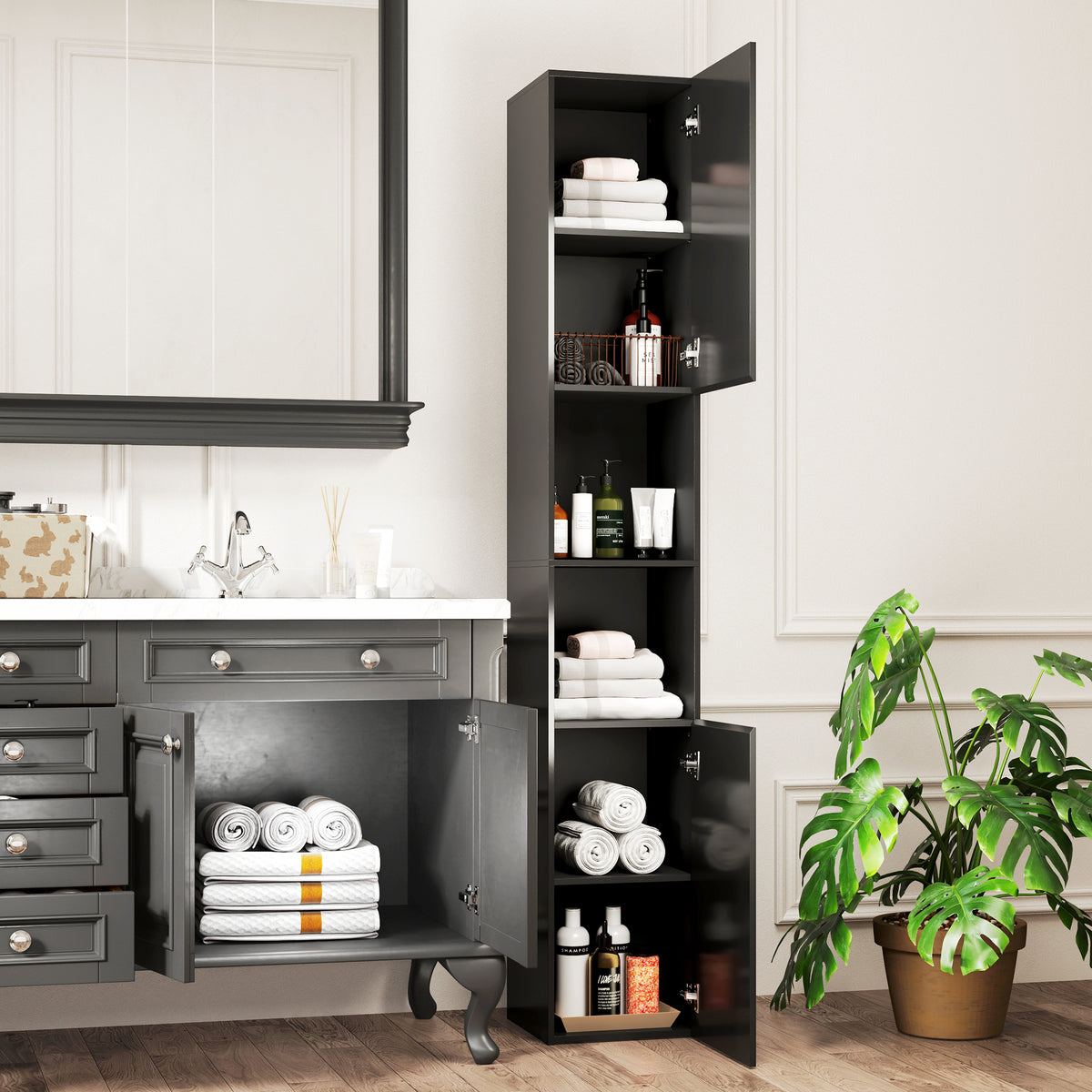 Meuble colonne de salle de bain 2 placards avec étagères réglables + 2 niches 30 x 30 x 181,5 cm noir