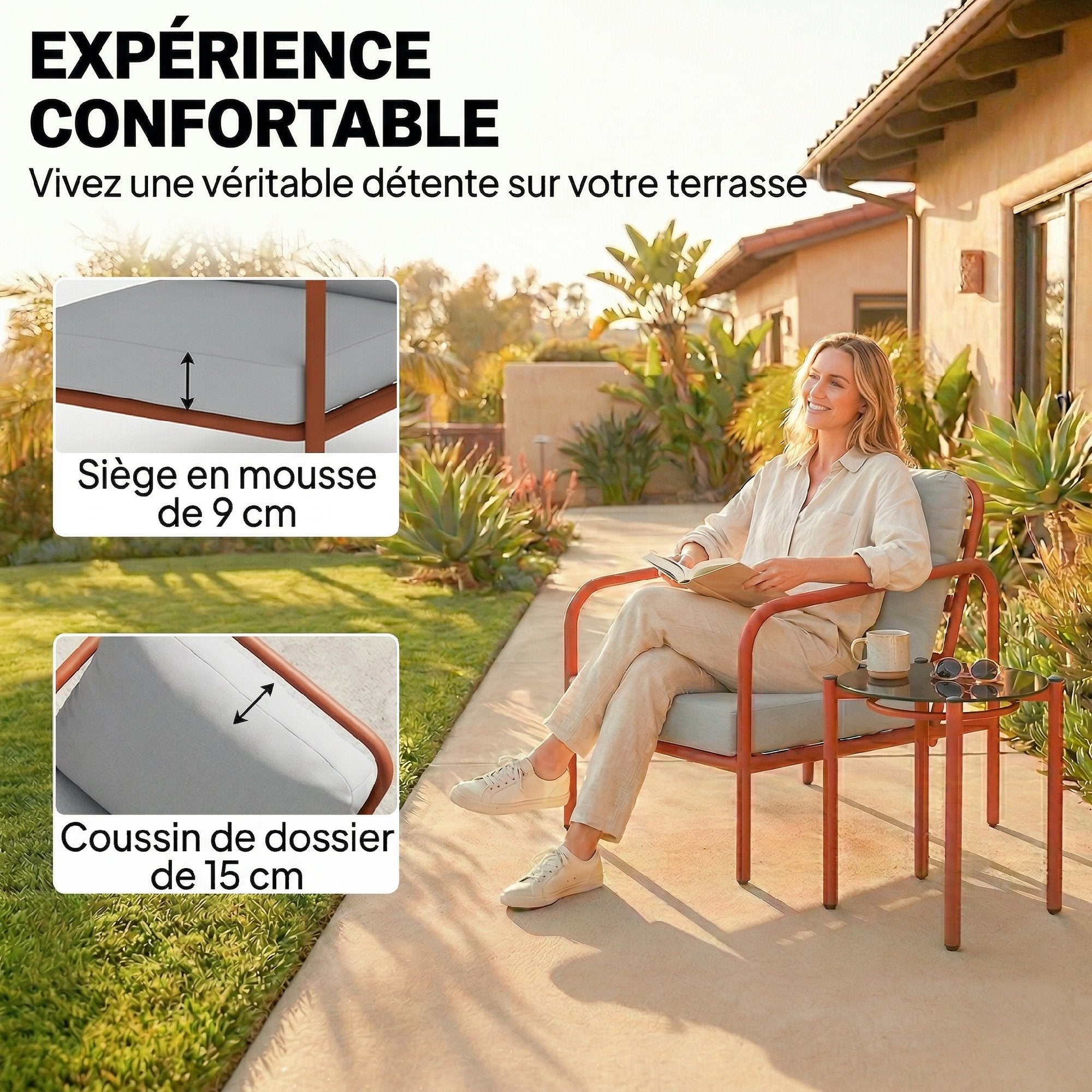 Salon de Jardin 3 Pièces, 2 Fauteuils, 1 Table Basse, Coussins Épais, Plateau en Verre Trempé, 63x77x76cm, Rouge Vineux