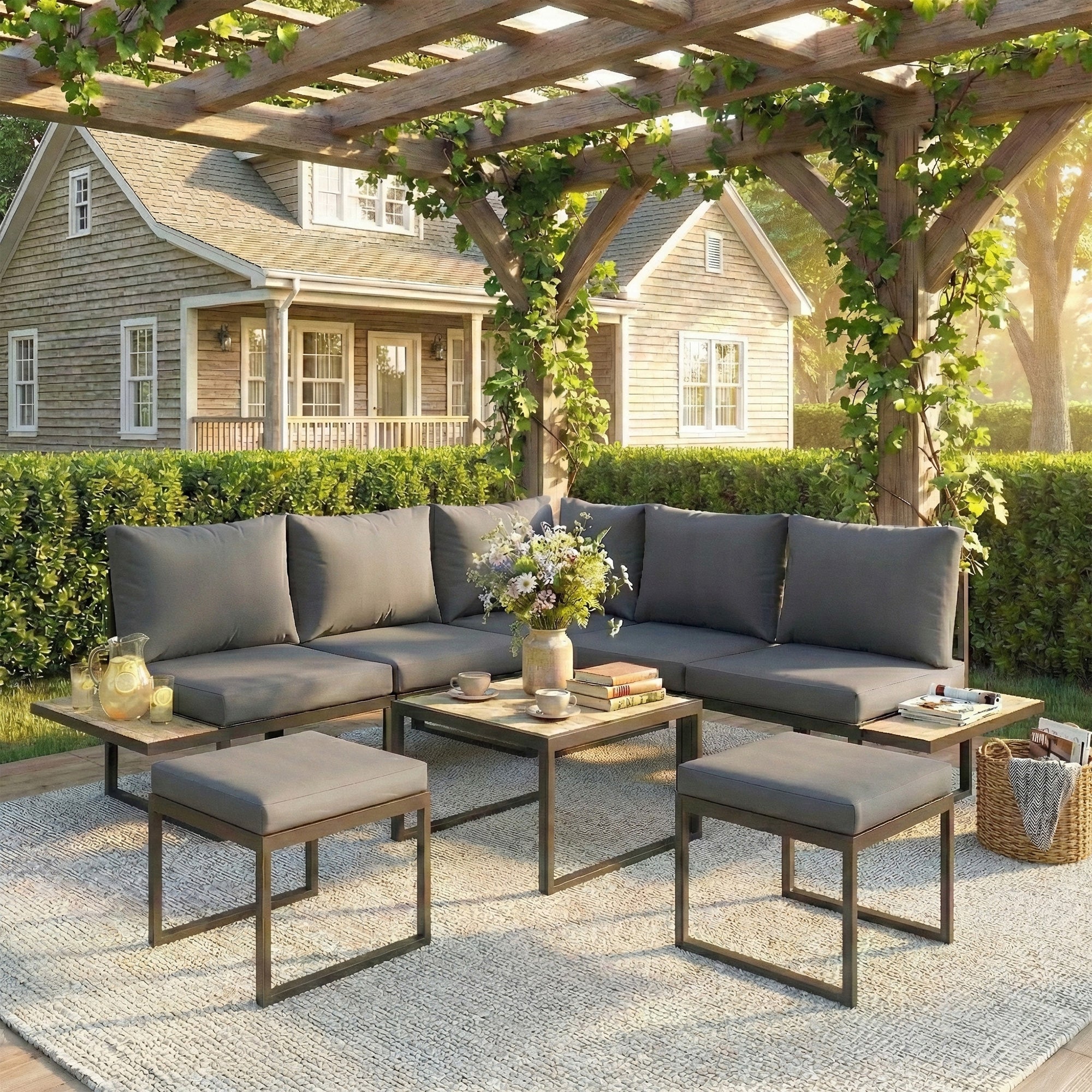 Salon de jardin extérieur 6 personnes modulable table basse et plateaux latéraux en bois PSPC coussins épais 10cm gris