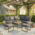 Salon de jardin extérieur 6 personnes modulable table basse et plateaux latéraux en bois PSPC coussins épais 10cm gris