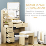 Kaptafelset met make-uptafel, gestoffeerde kruk, grote spiegel, meerdere open planken + 4 lades, naturel hout