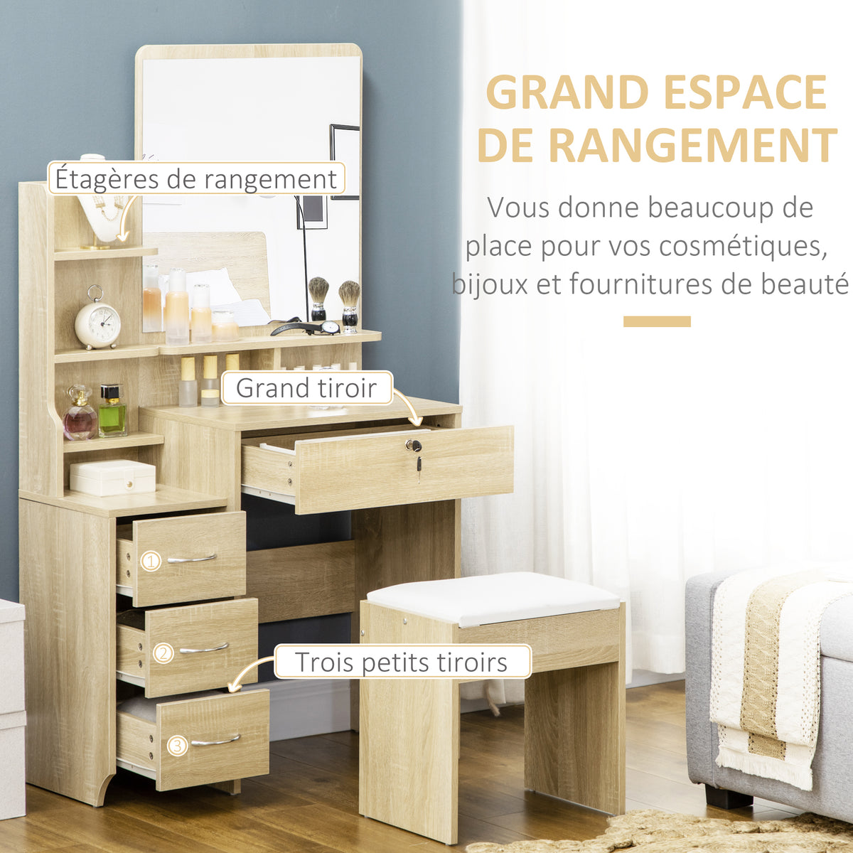 Kaptafelset met make-uptafel, gestoffeerde kruk, grote spiegel, meerdere open planken + 4 lades, naturel hout