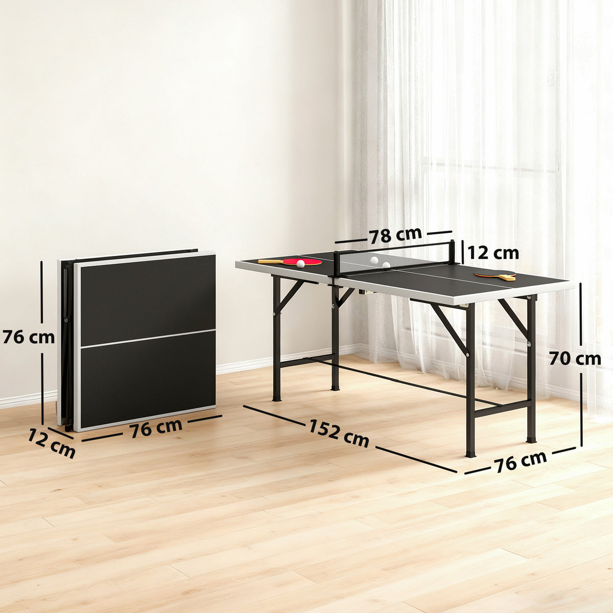 Opvouwbare mini-tafeltennistafel voor binnen en buiten met 2 massief houten batjes, 3 balletjes en net 152x76x70cm zwart