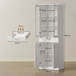 Buffet haut cuisine, armoire de cuisine, 4 portes dont 2 en verre, tiroirs, étagères réglables, 60x35x180cm, blanc