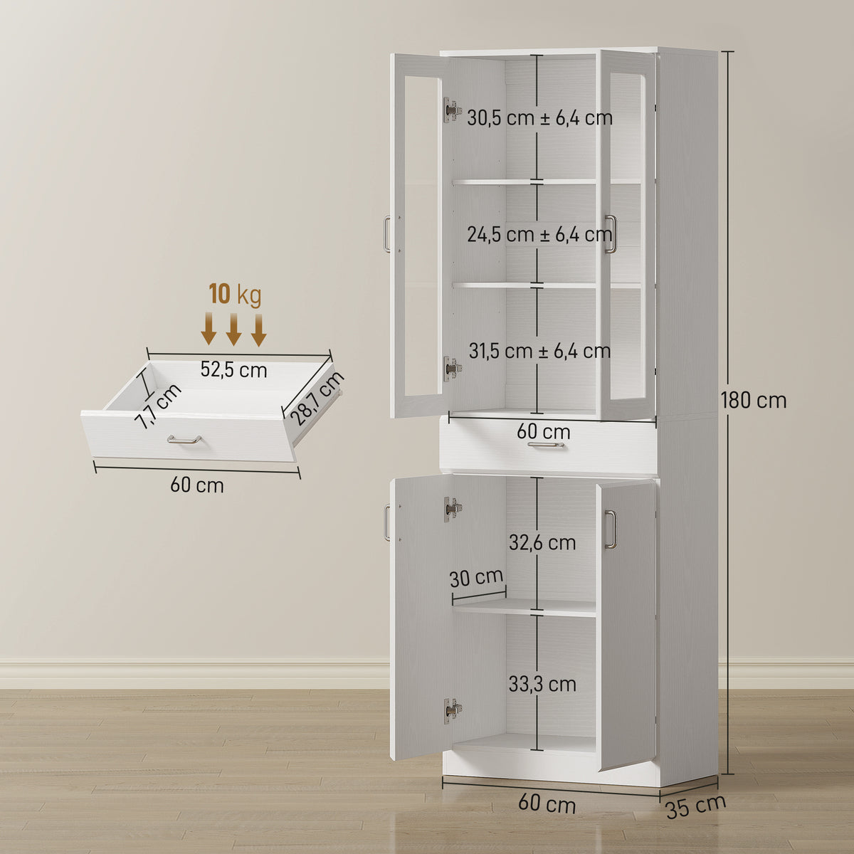 Buffet haut cuisine, armoire de cuisine, 4 portes dont 2 en verre, tiroirs, étagères réglables, 60x35x180cm, blanc