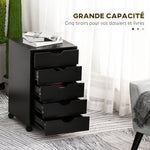 Caisson bureau mobile, meuble rangement bureau sur roulettes, 5 tiroirs, 40 x 40 x 67 cm, noir