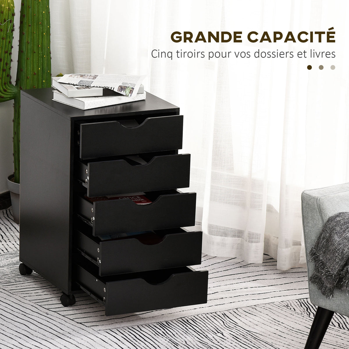 Caisson bureau mobile, meuble rangement bureau sur roulettes, 5 tiroirs, 40 x 40 x 67 cm, noir