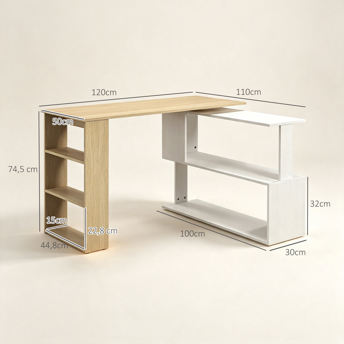 Bureau d'angle bureau informatique modulable bibliothèque intégrée + étagère 3 niveaux blanc et bois naturel