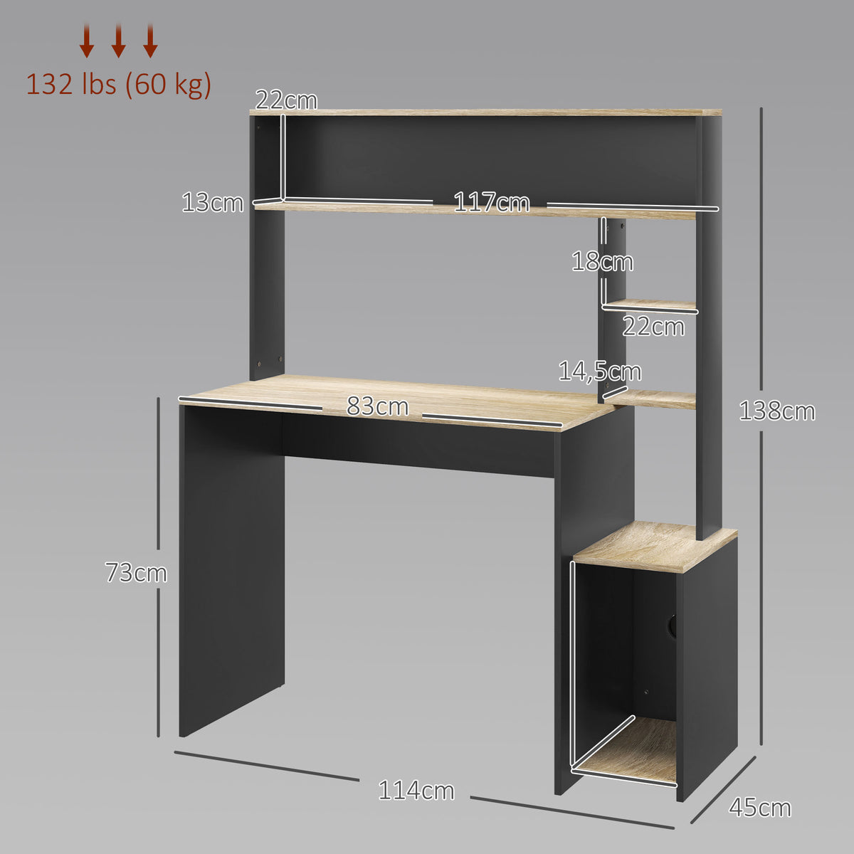 Bureau multi-rangements avec étagères, support pour unité centrale, grand bureau, 114L x 45l x 138H cm