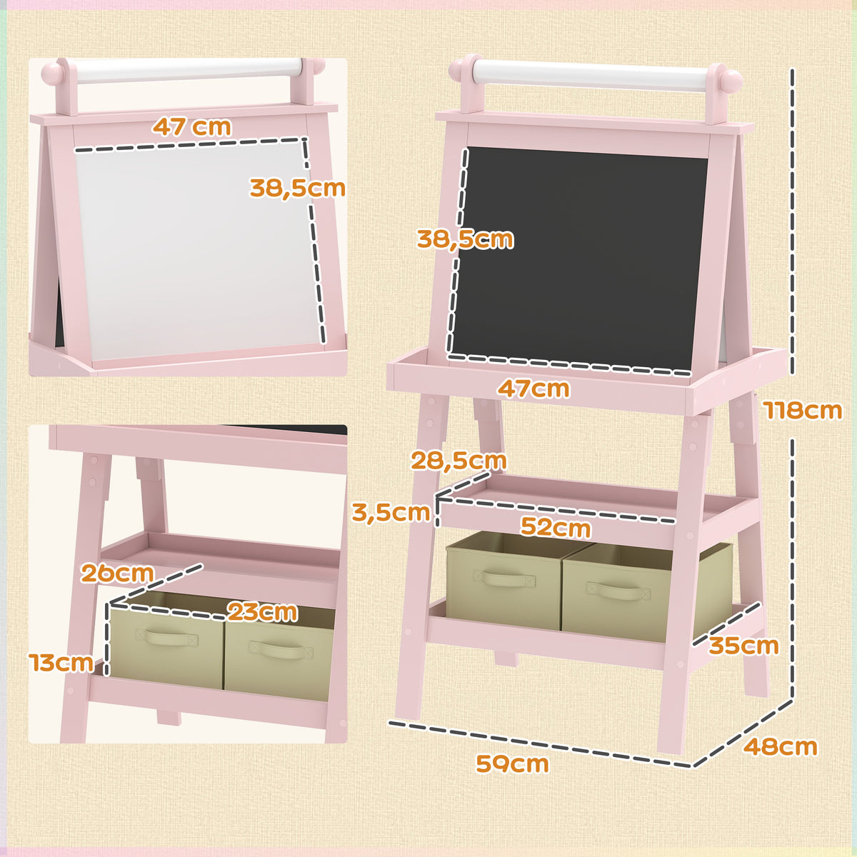 Tableau chevalet enfant 3 en 1 avec tableau blanc magnétique, tableau à craie, rouleau papier, 2 paniers, 3-6 ans, rose