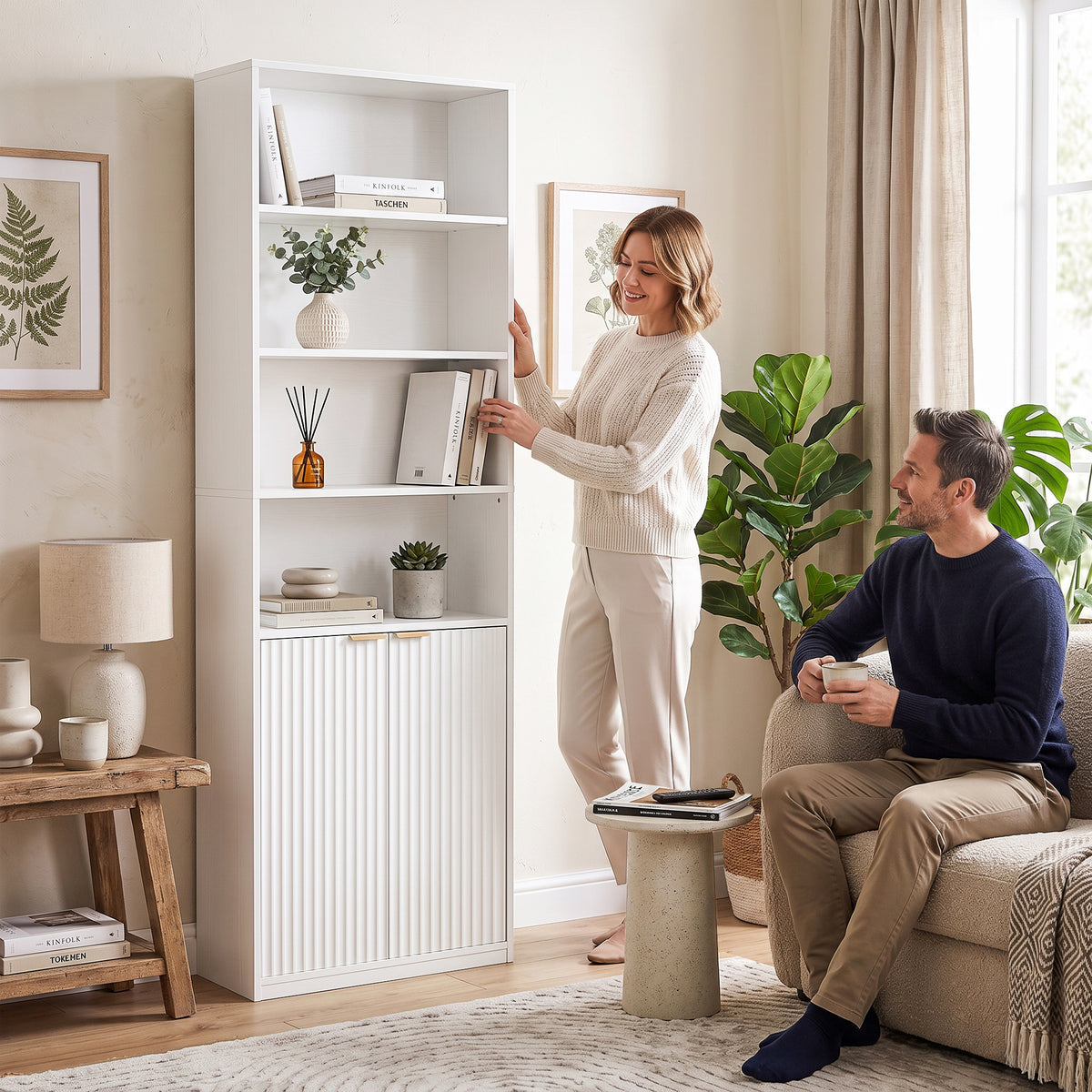 6-Tier Bookcase, Storage Unit, 60 x 24 x 182 cm with 4 Open Compartments and 2 Doors, White