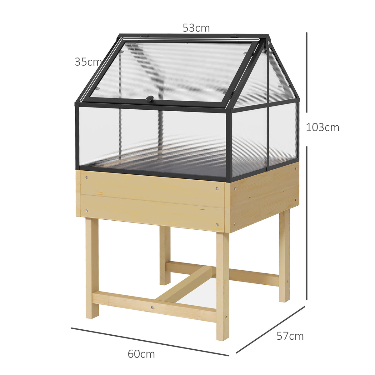 Miniserre op poten afm. 60L x 57b x 103H cm, dubbel openslaand dak, polycarbonaat panelen, staal, behandeld dennenhout