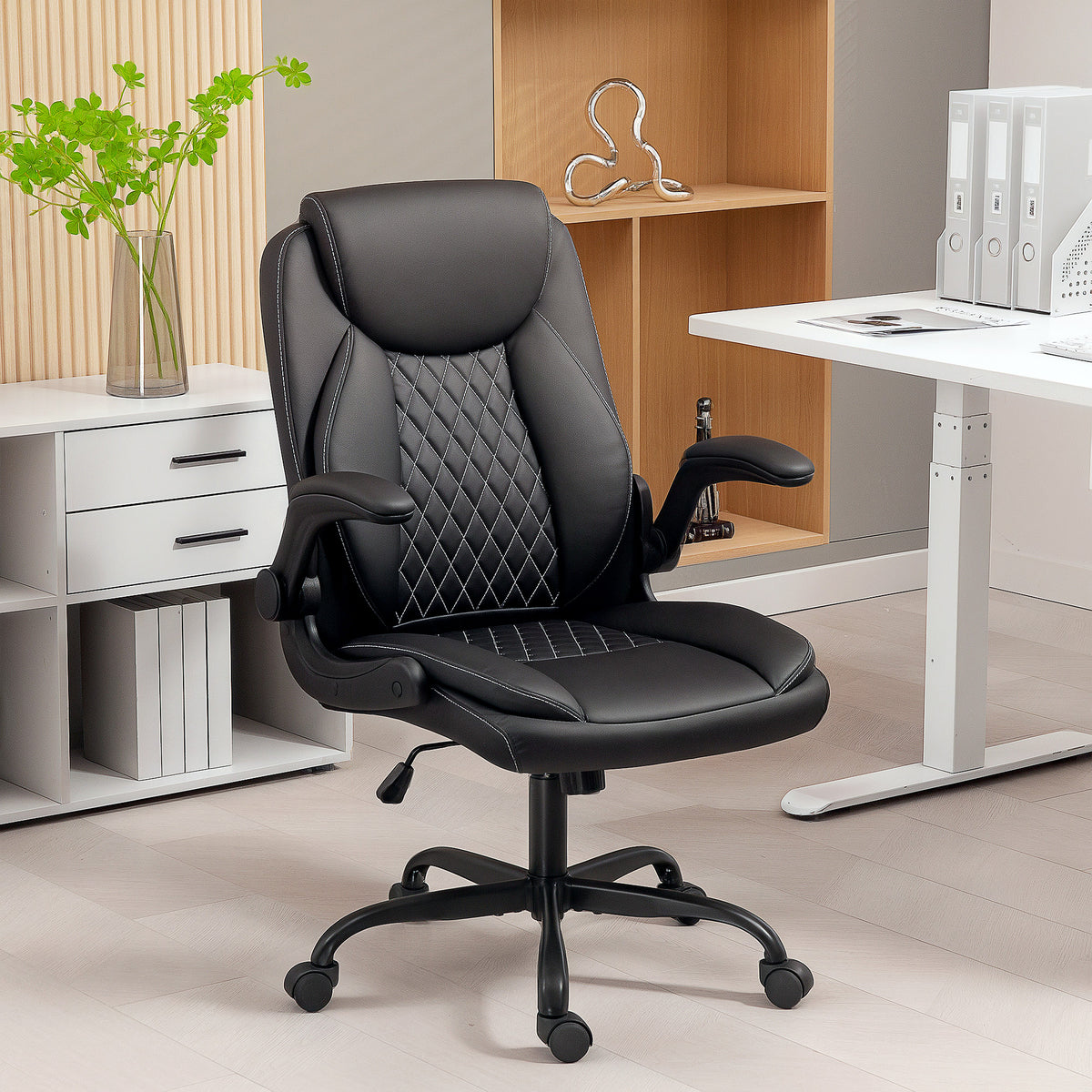 Silla de oficina, silla de escritorio ergonómica con reposabrazos abatibles, altura ajustable, función basculante, negro