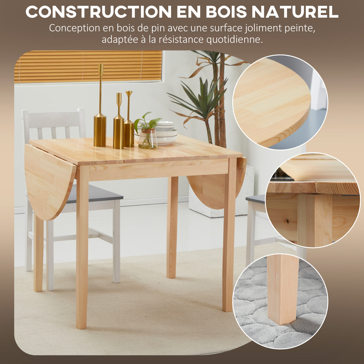 Table de salle à manger pliante ovale en bois massif 2 abattants peu encombrante 140L x 70l x 75H cm