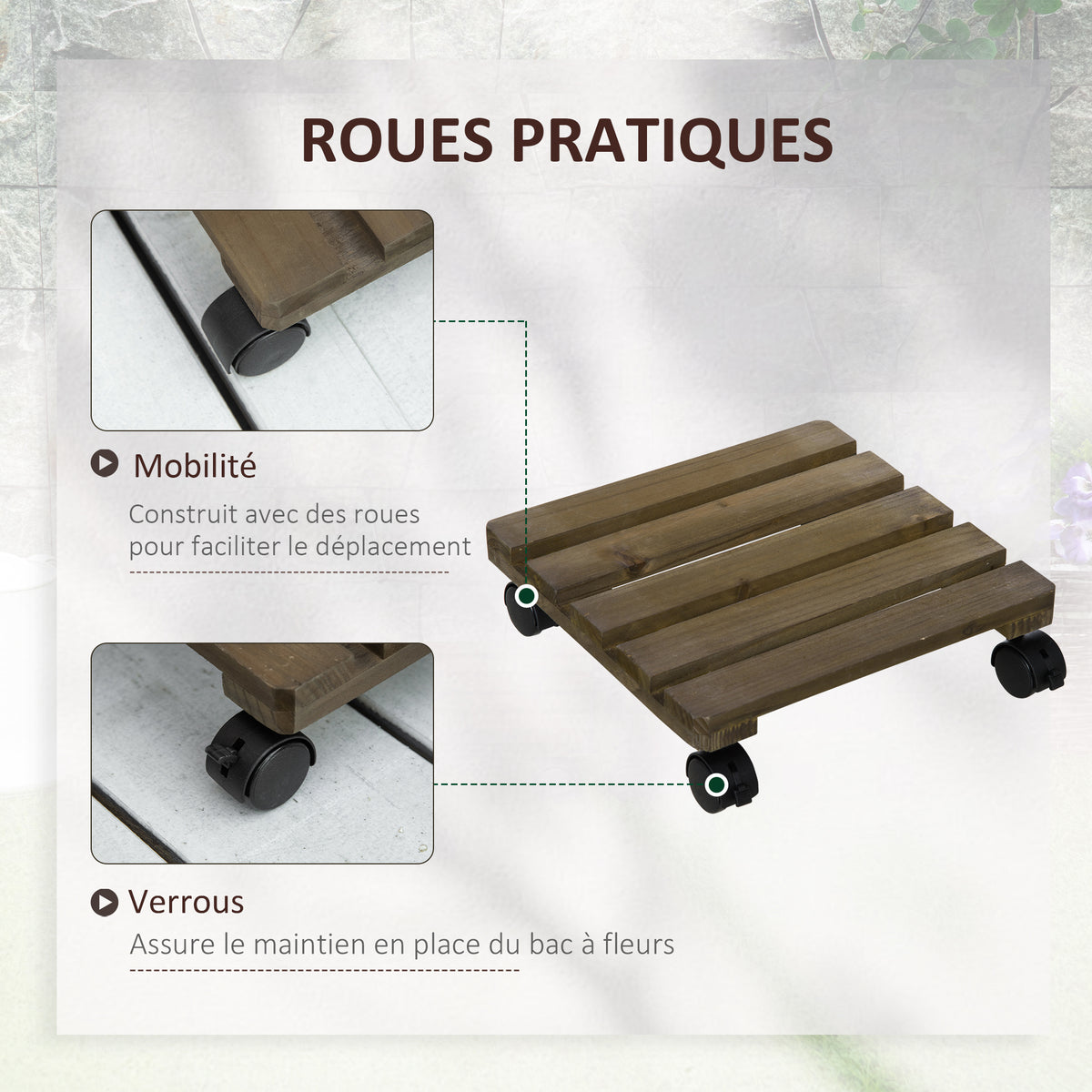 Lot de 2 supports pour plantes carrés porte plante à roulettes support pour pot de fleurs, pour intérieur et extérieur