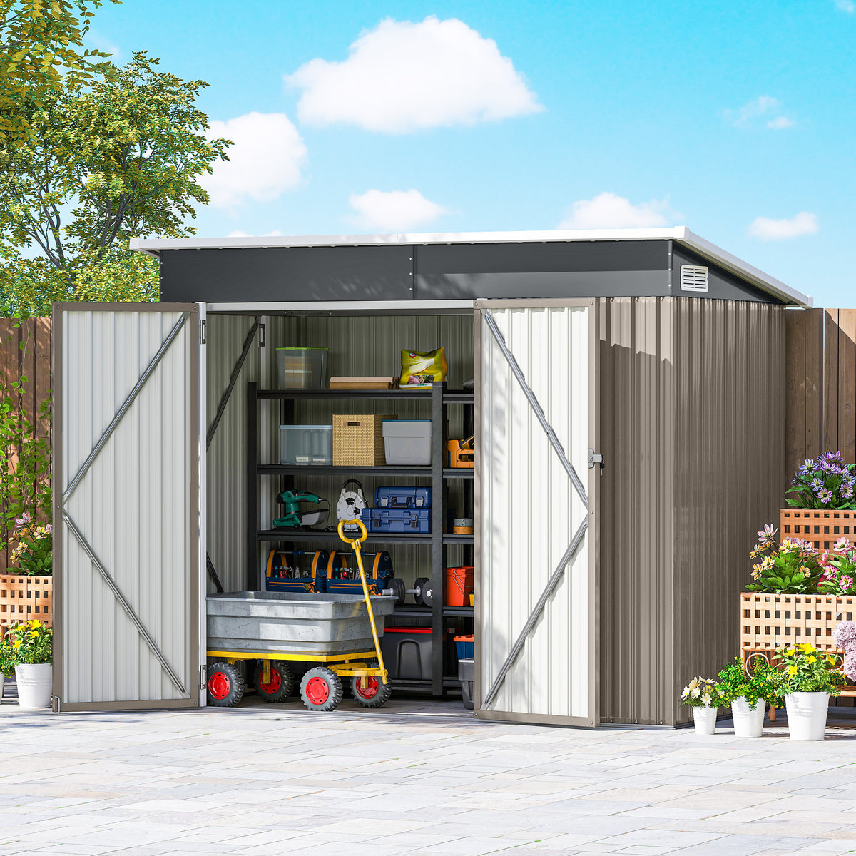 Abri de jardin en métal cabane jardin extérieure triple porte verrouillable toit incliné aérations 234x132x185cm gris