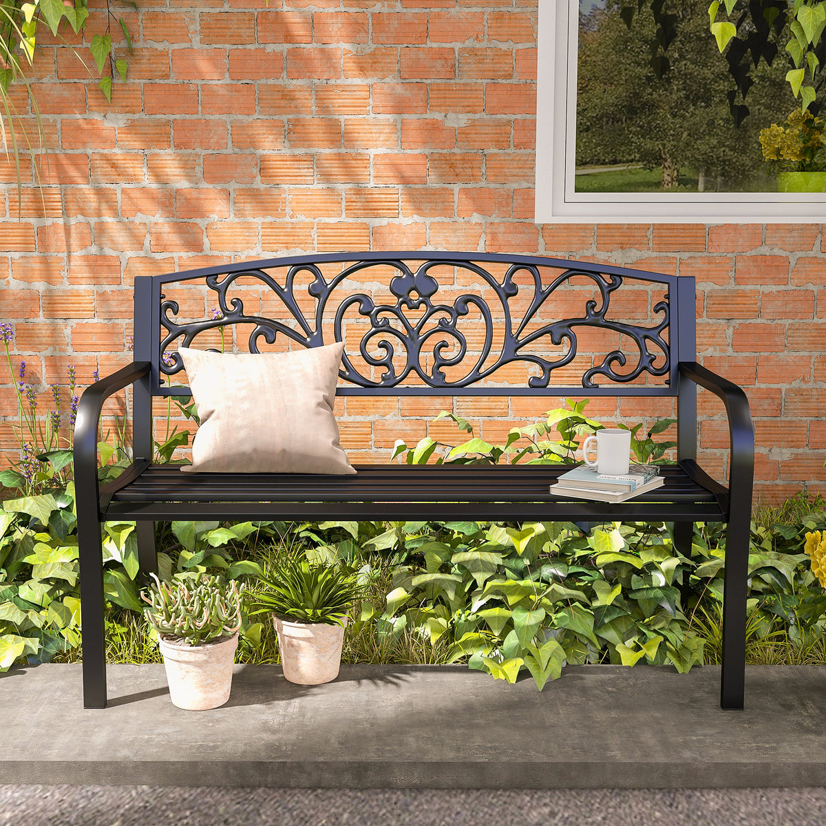 Banc de Jardin terrasse en Acier Fonte Noir 2 Places 127 x 60 x 87 cm Charge Max 240 Kg
