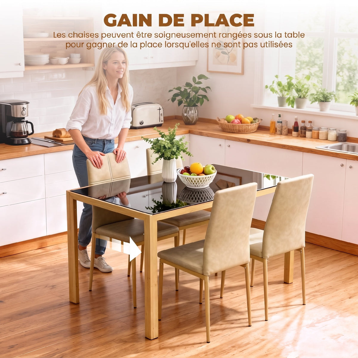 Esszimmer-Set mit 4 Stühlen aus Kunstleder, rechteckige Tischplatte aus gehärtetem Glas, 120x70x75cm, Natur